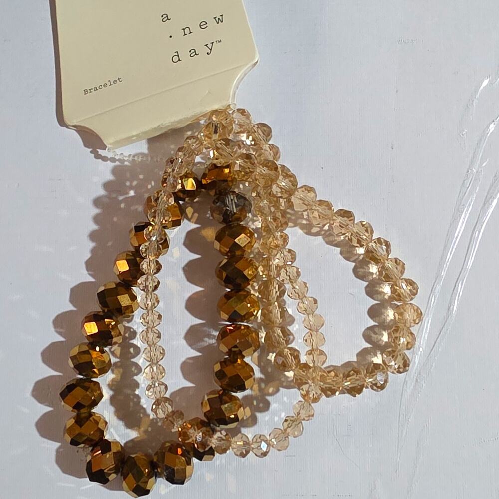 A New Day Stackable Beaded Stretch Bracelet Set Gold Tone Clear Round Crystal